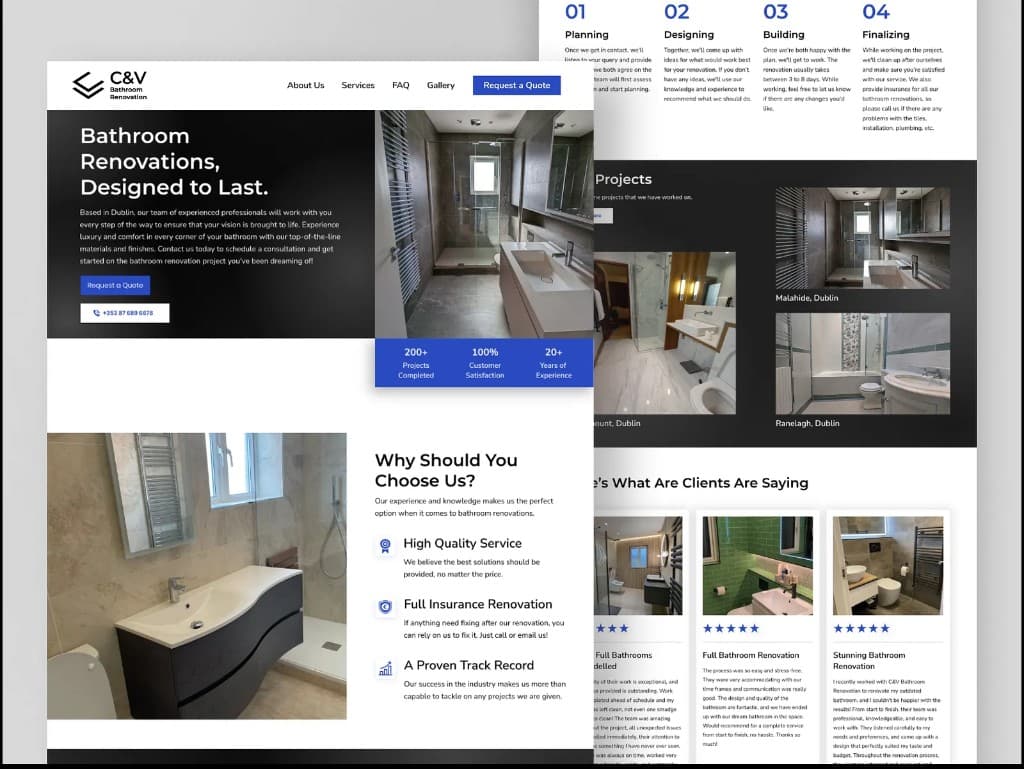 C&V Bathroom Renovation website with Dublin project gallery and testimonials