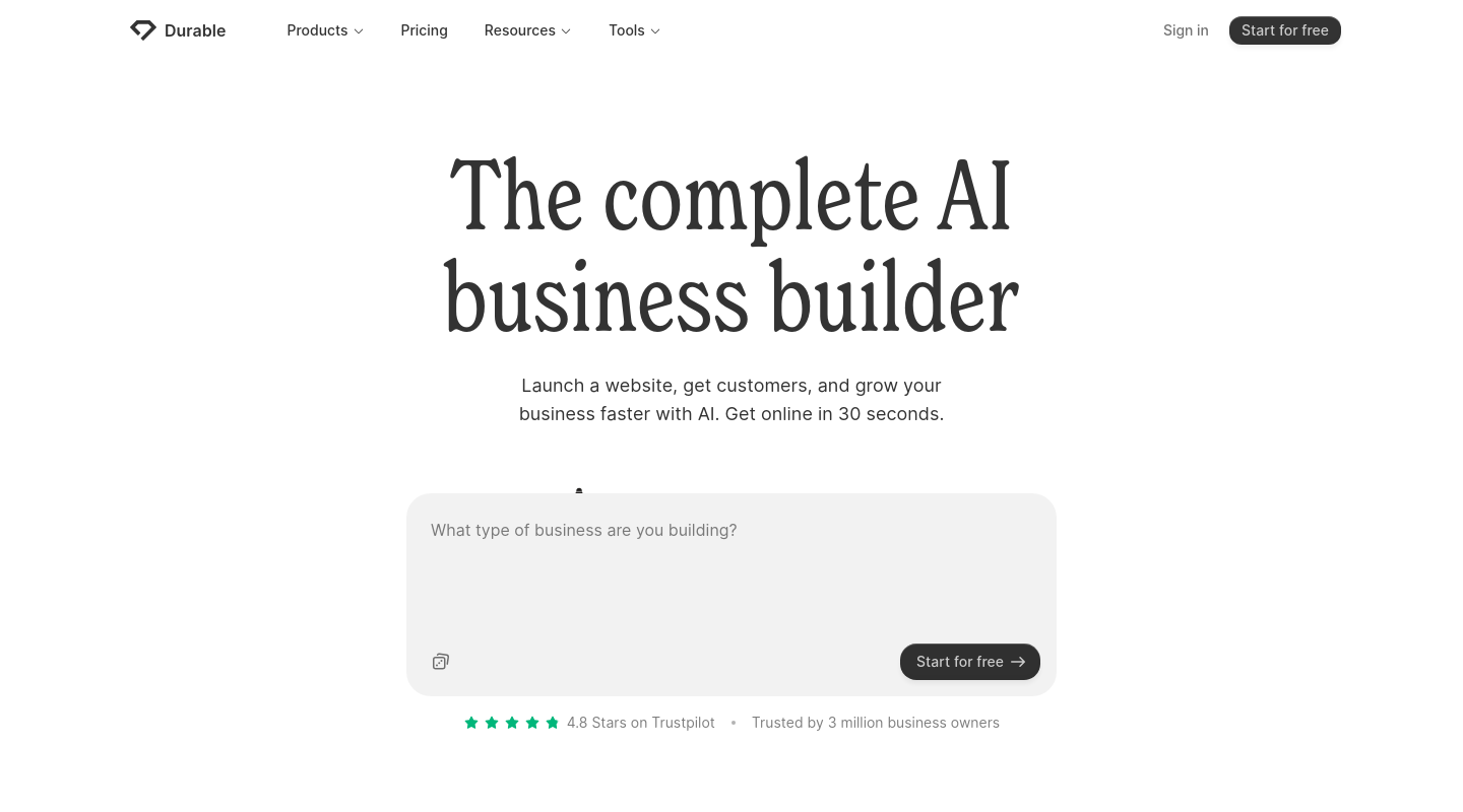 Durable AI website builder homepage
