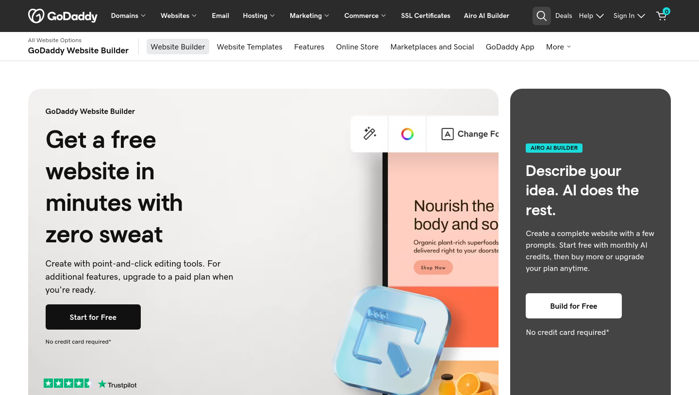 GoDaddy Website Builder and Airo AI builder homepage